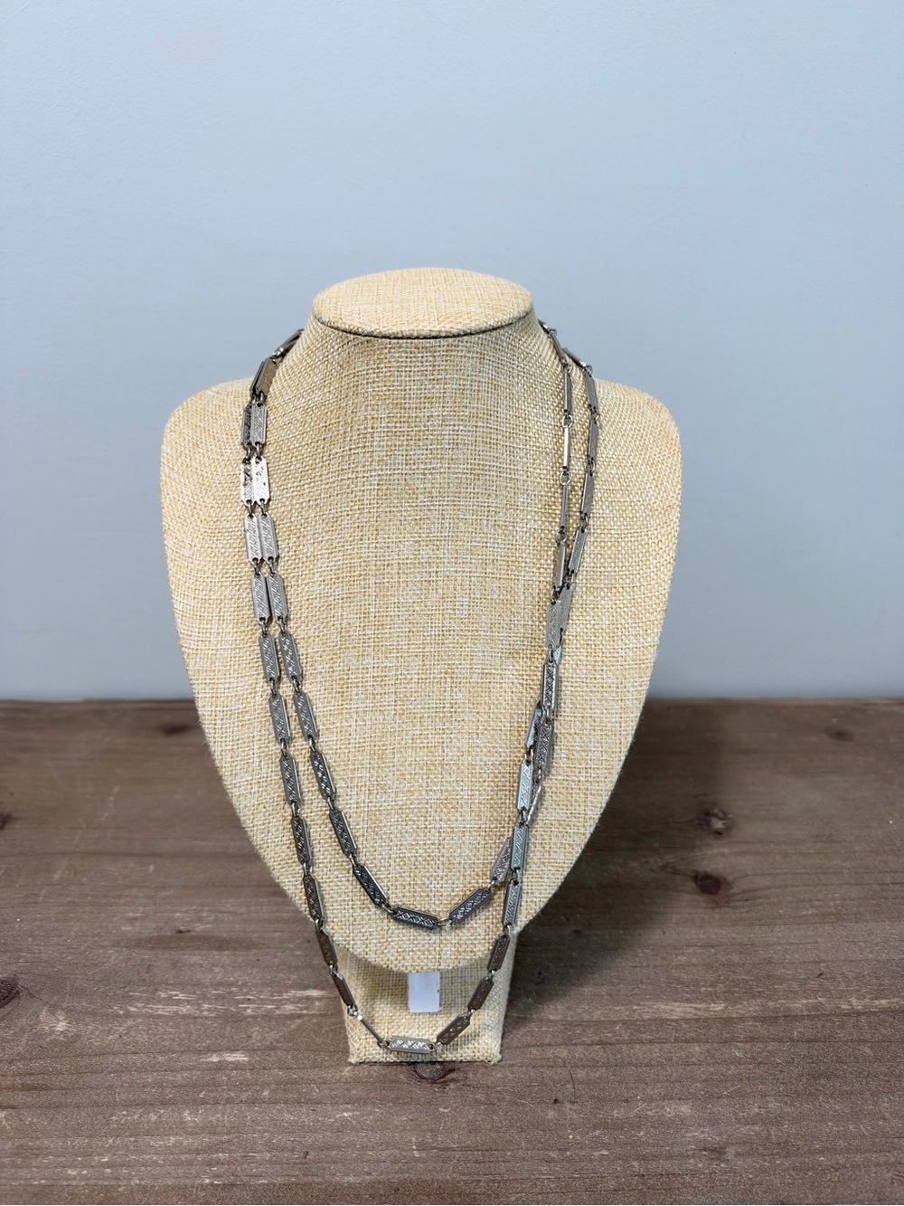 Vintage Silver Tone Engraved Geometric Double Strand Long Necklace